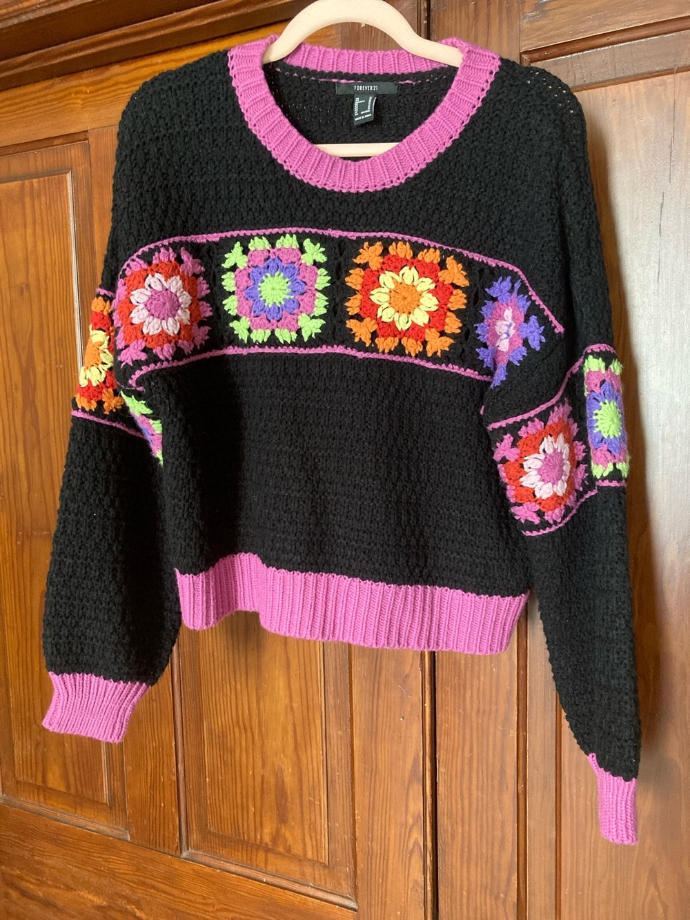 Forever 21 Black Crewneck Sweater Pink Trim & Multicolor Crochet Grandma Squares